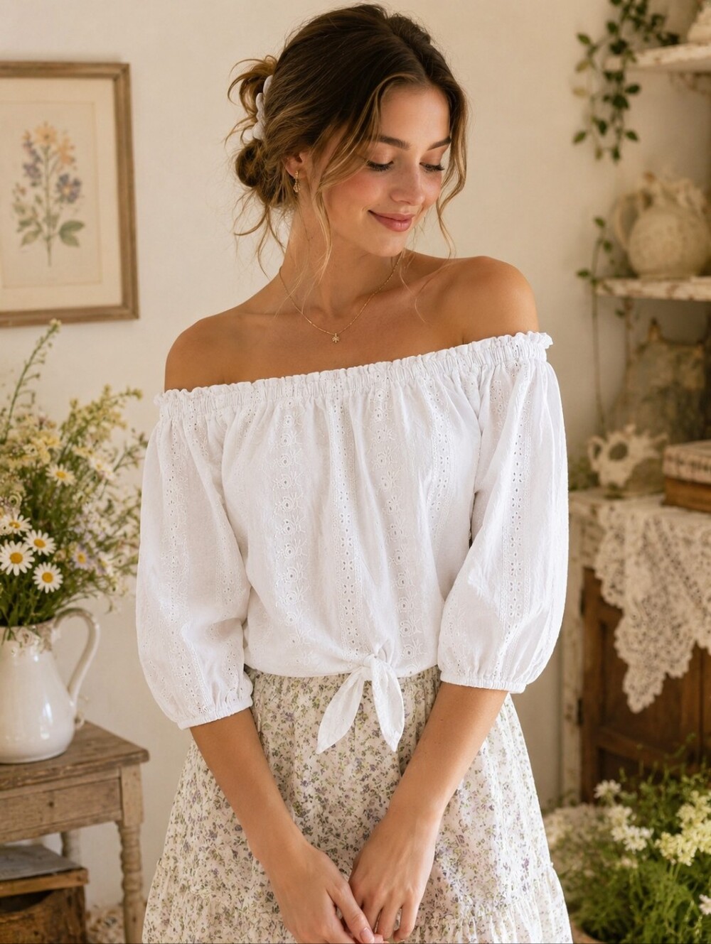 Rebellion White Eyelet Off-the-Shoulder Peasant Top | Medium | 100% Cotton |